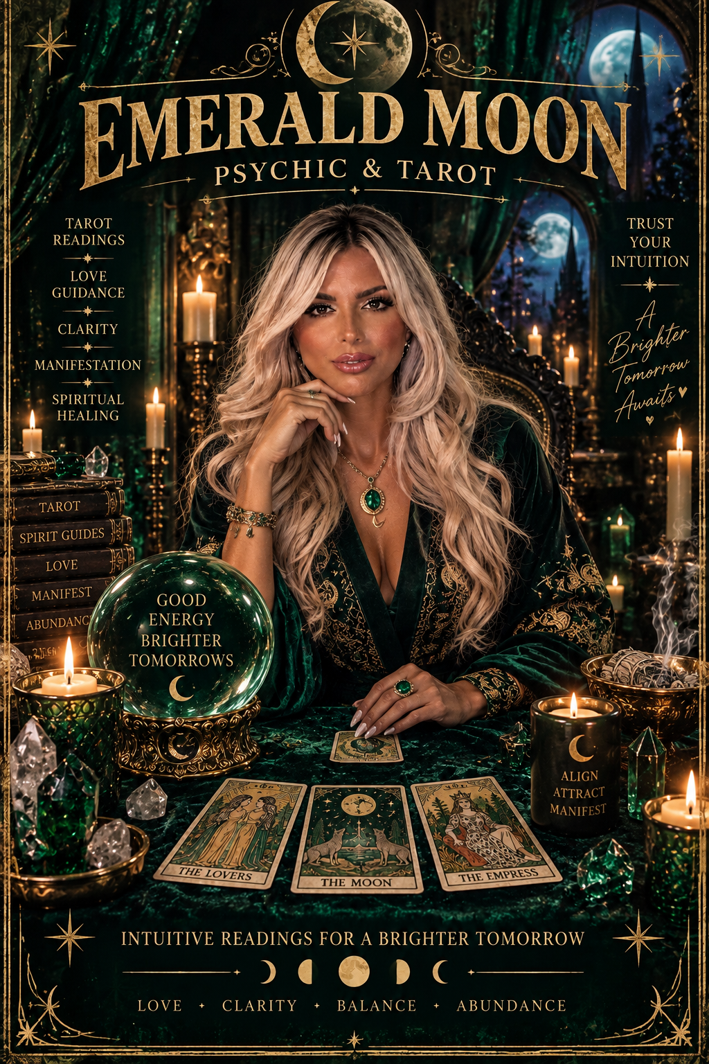Emerald Moon psychic reader with tarot cards, candles and crystals